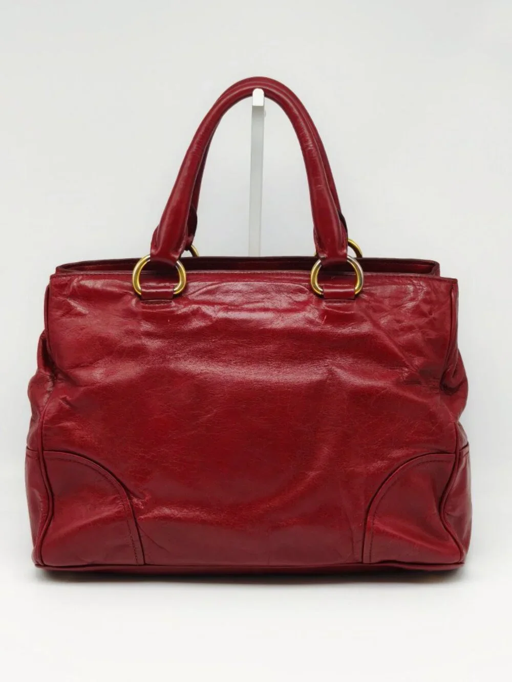 Prada Red Vitello Shine Leather Large Satchel Tote Handbag
